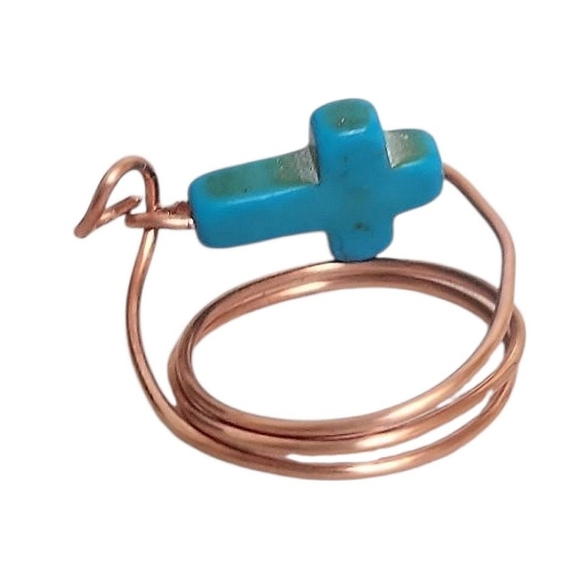 Turquoise Cross Copper Wire Ring - Picture 1 of 2